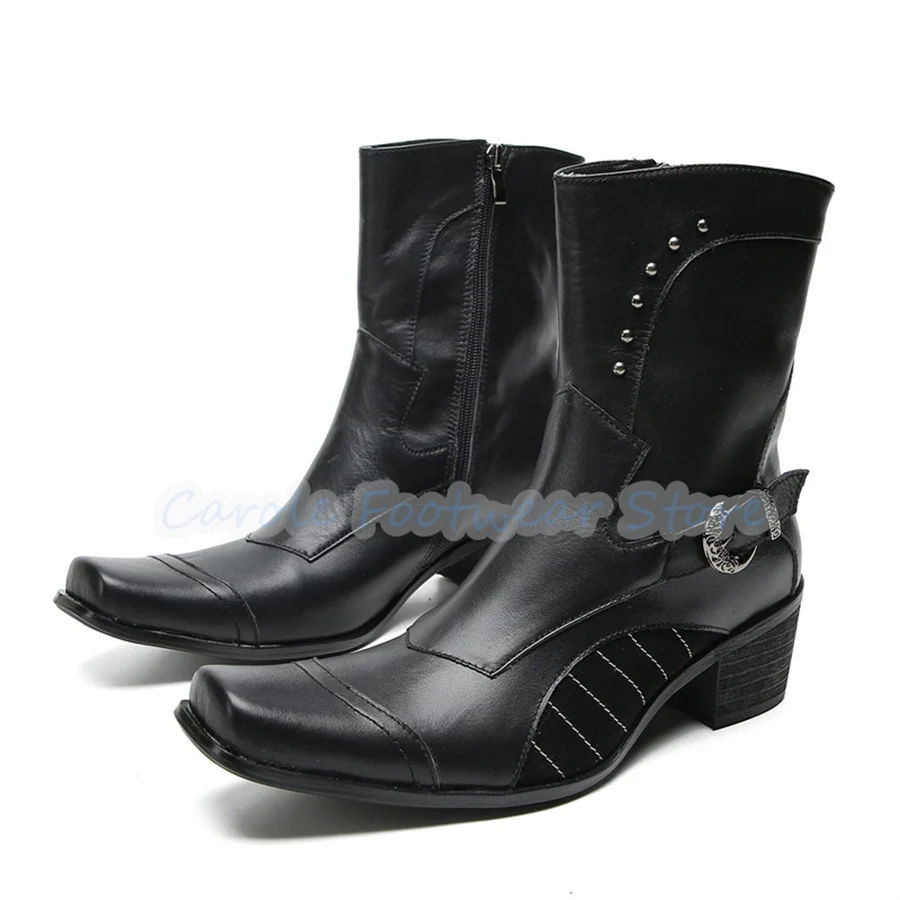 Fashion Genuine Leather Splicing Male Motorcycle Boots Square Toe Chunky Heel Rivet Belt Buckle Boots Men Outside Casual Shoes