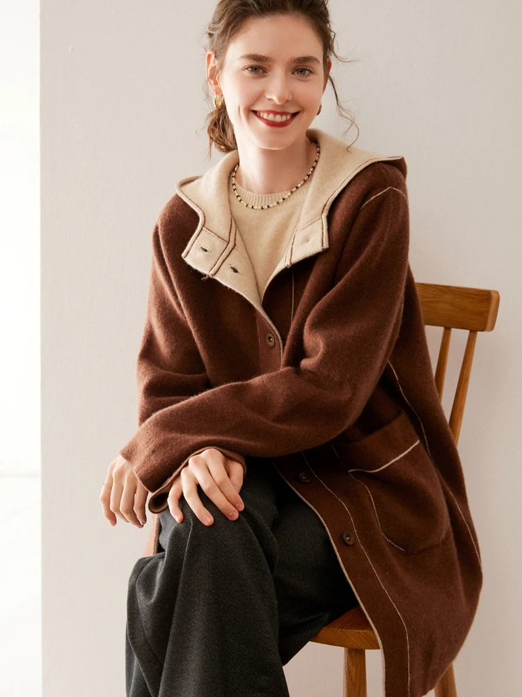 

Luxury Women Clothing 100% Cashmere Sweater Mid-length Hooded Cardigan Autumn Winter Soft Cashmere Knitwear Preppy Casual Coat