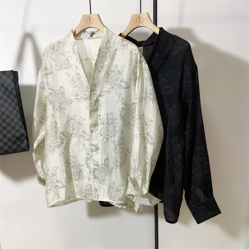 High Street Men's New Chinese Style Long Sleeved Shirt Men's Personalized Printed Transparent V-neck Shirt and Cardigan