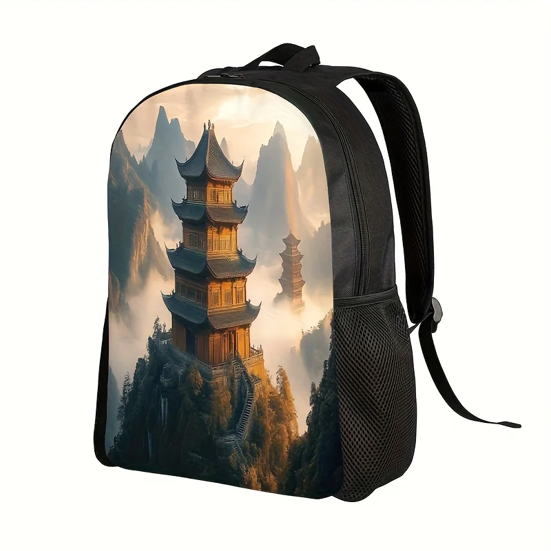 

Asian architectural style backpack with pagoda design - Japanese/Chinese landscape backpack with zip closure
