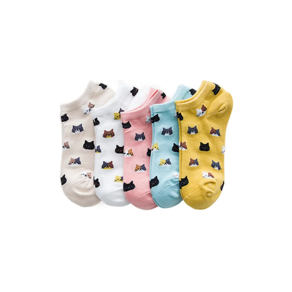 

5 Pairs Set Cute Cat Pattern Women Short Socks Breathable Absorb Sweat Low Cuff Socks Comfort Colorful Cotton Socks