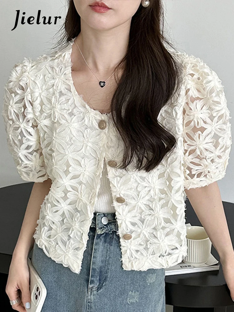 

Jielur Pure Color Vintage Female Shirts Single Breasted Puff Sleeve French Style Women's Shirts Summer Elegant White Black Shirt