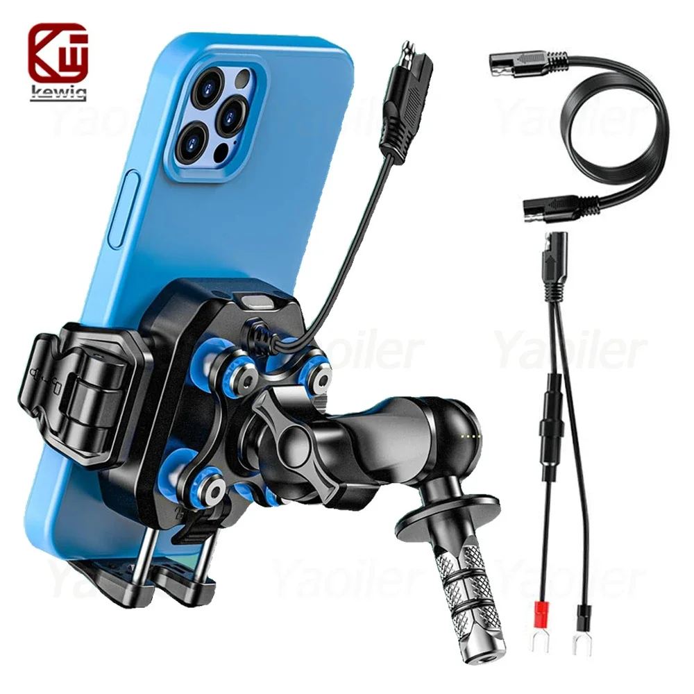 Kewig Mini Motorcycle Phone Holder 15W Wireless Charger with Shock Absorber Support USB Fast Charging Cellphone Fork Stem Mount