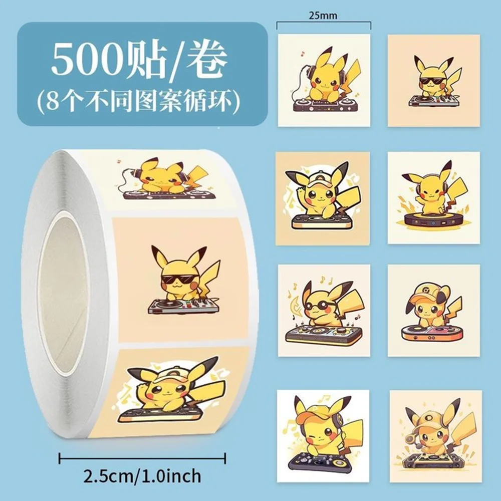 500 uds/rollo Pokemon música DJ Pikachu pegatinas de sellado de dibujos animados DIY PVC pegatinas para ordenador portátil decoración recompensa regalo juguete