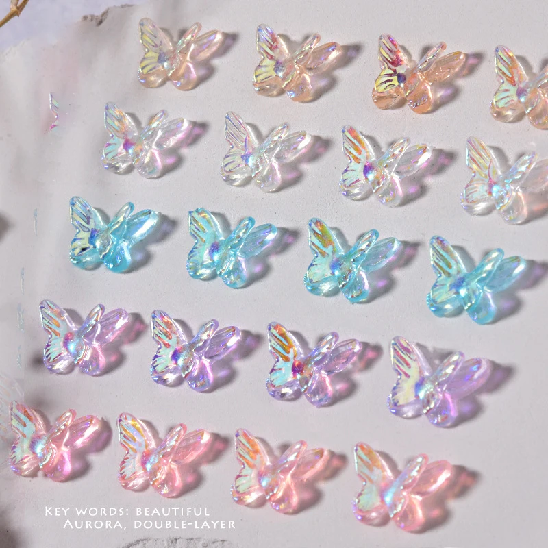 100Pcs Aurora Butterfly Nail Art Charm 3D Polar Light Color Mixing Butterfly Nail Decor Oranment DIY Kawaii Nail Accessories