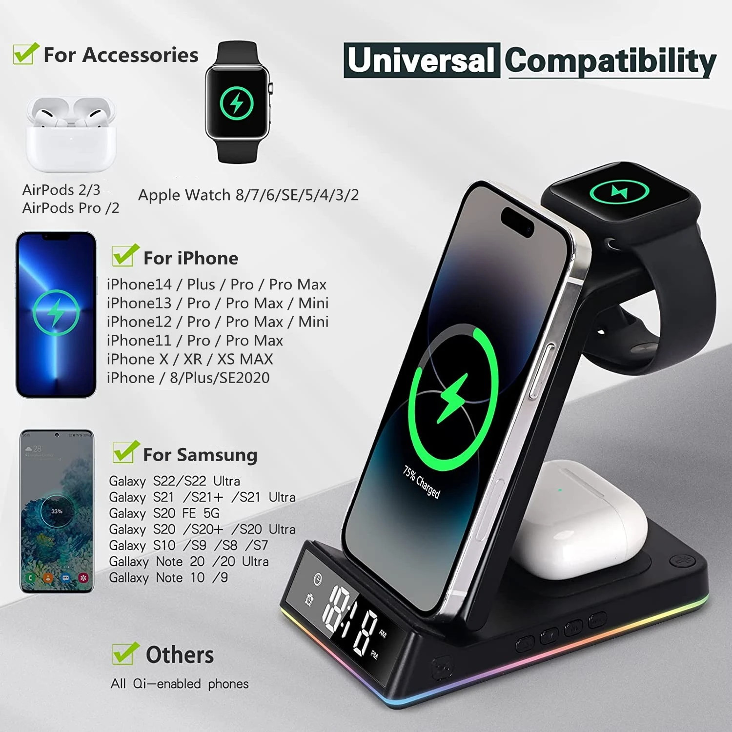 15W 5 Trong 1 Đế Sạc Không Dây Đồng Hồ Miếng Lót Cho iPhone 14 13 12 11 8 Đế Sạc Không Dây Dành Cho đồng Hồ Apple 8 7 6 SE AirPods Pro 2