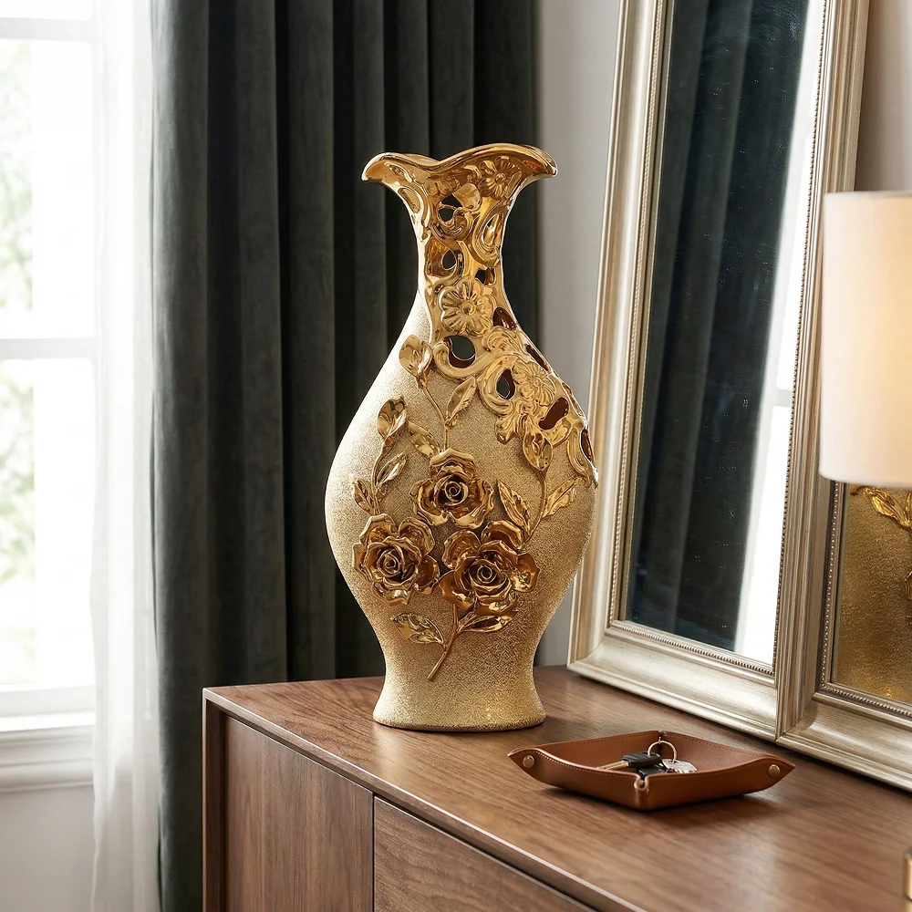 Nordische Keramikvase Goldene Vase Blumenarrangement-Topf Blumen-Aufbewahrungsbehälter Wohnzimmer Desktop-Dekoration Geschenk für Freunde
