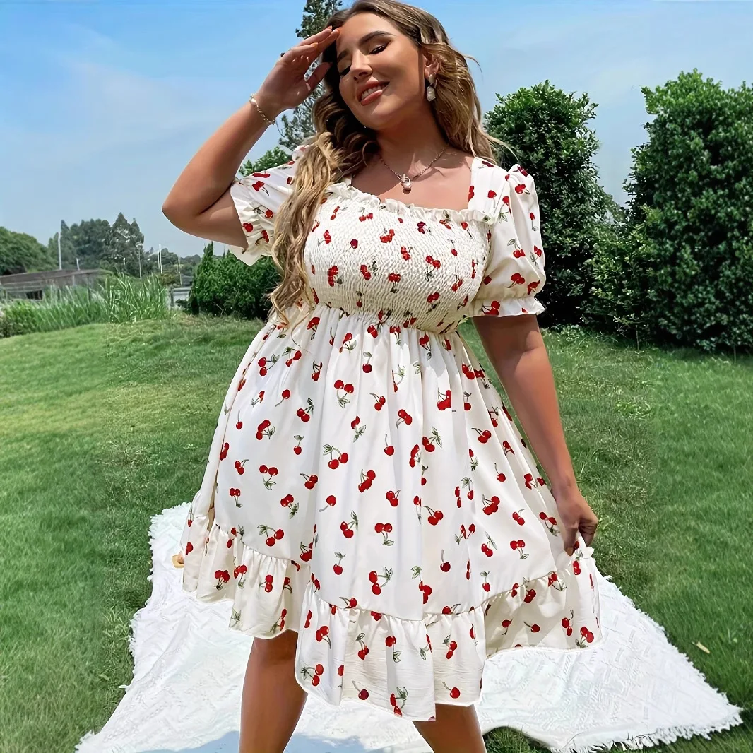 2025 Summer Women's Plus Size Dresses Fashion Cherry Print Short Sleeve Midi Dress Summer Casual A-line Dress - Image 3