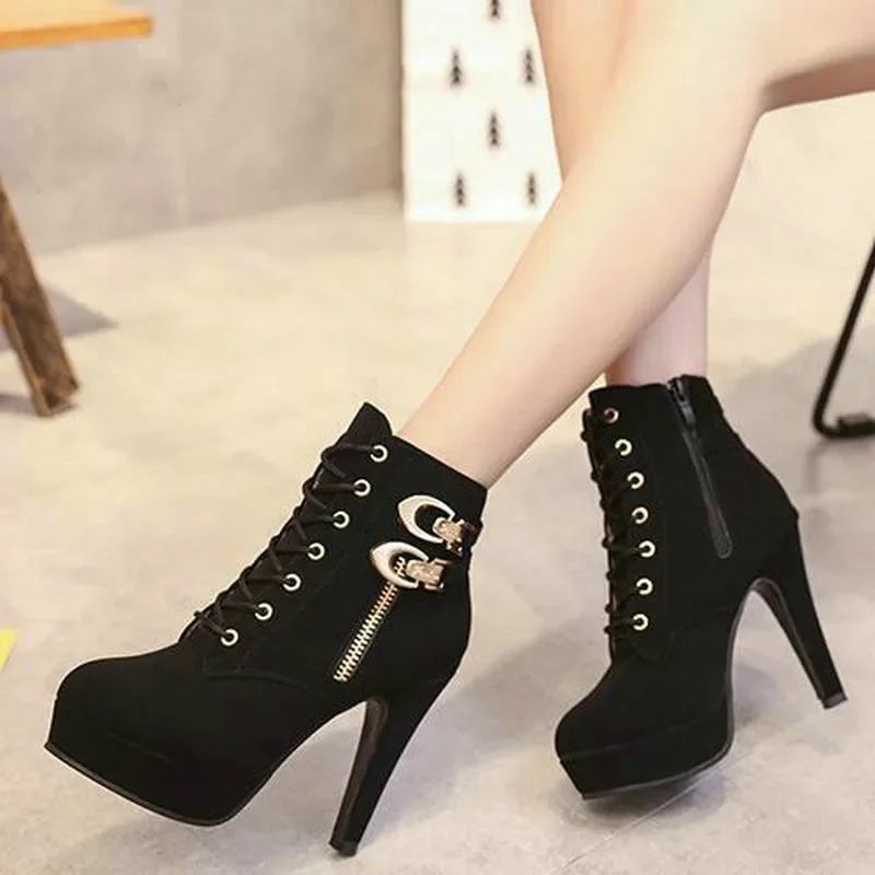 Plus Size Ankle Boots Women Platform High Heels Female Lace Up Shoes Woman Buckle Short Boot Casual Ladies Footwear Drop Ship58