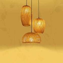 Modern Led Pendant Lamp Natural Rattan Wicker Chandeliers Hand-Woven Bamboot Lampshades E27 Lighting Fixtures Hanging Light