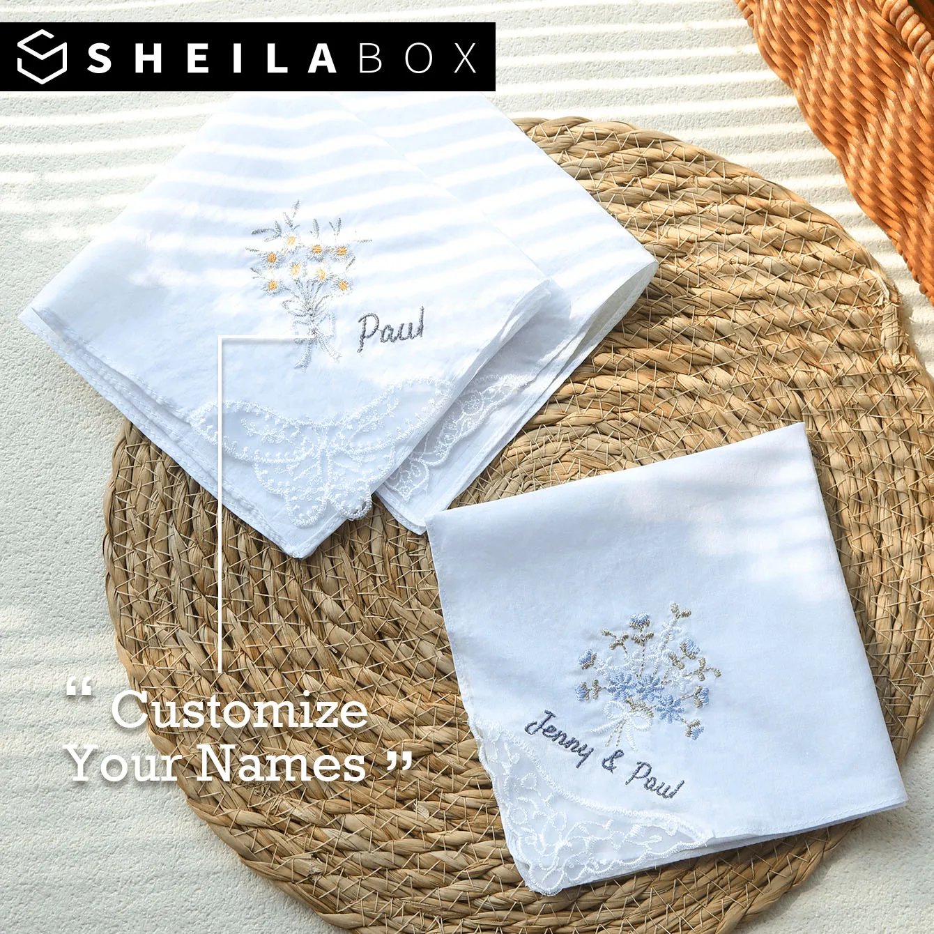 Sheilabox Personalized Embroidered Handkerchief Custom Name Floral Lace Trim Hankie Elegant Flowers Wedding Party Keepsake Gifts