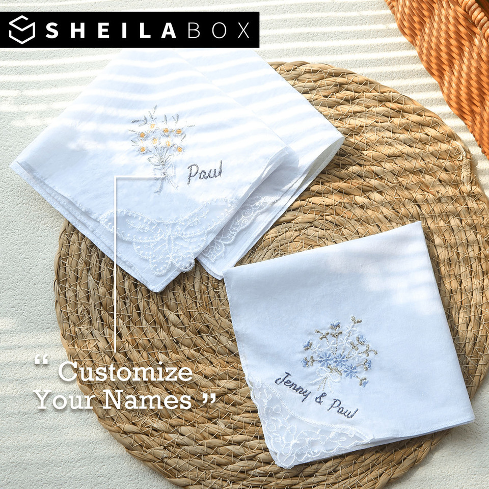  Sheilabox Personalized Embroidered Handkerchief Custom Name Floral Lace Trim Hankie Elegant Flowers Wedding Party Keepsake Gifts 