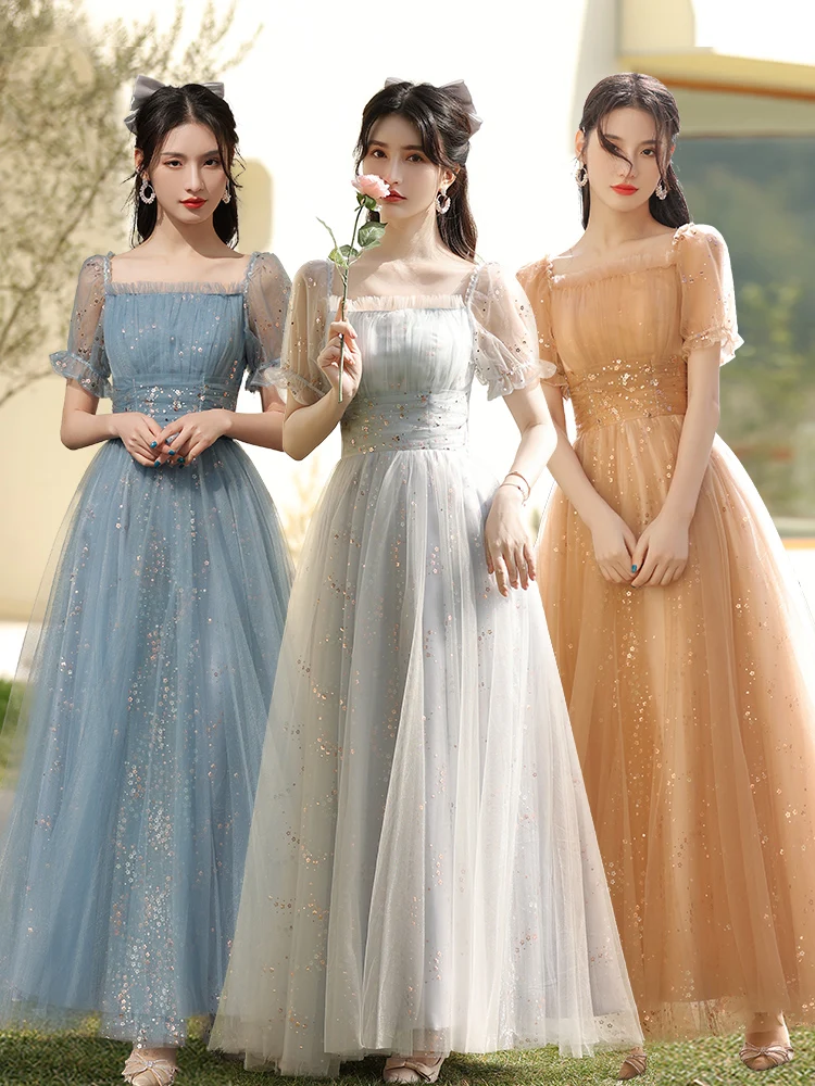 New 130CM Long grey greydish blue khaki sweet lady girl women princess bridesmaid banquet party performance dress gown