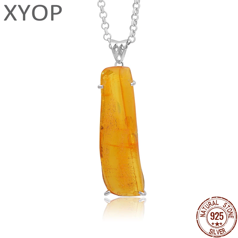 XYOP Natural Insect Amber Pendan tlrregular Shape Ambers Original Stone Charms 925 Sterling Silver Pendant Necklace Amulet Gift