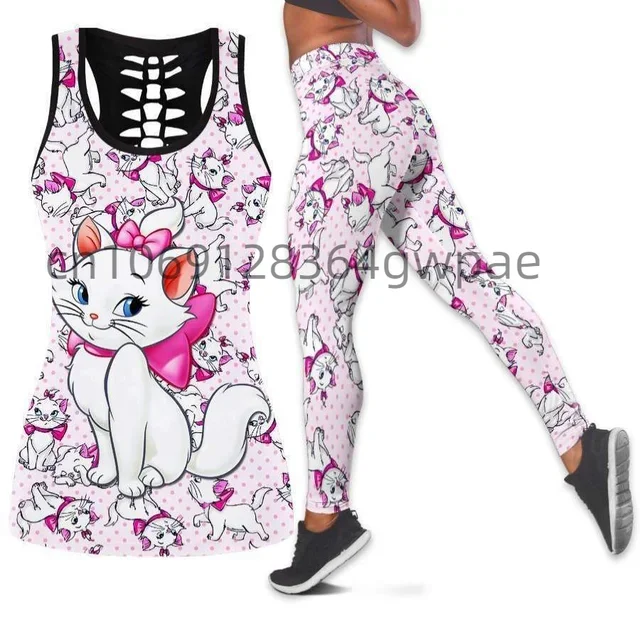 Disney Cheshire Cat Women's Cutout Tank Top Leggings Yoga Set Summer Fitness Leggings Tracksuit Hollow Tank Top Leggings Set