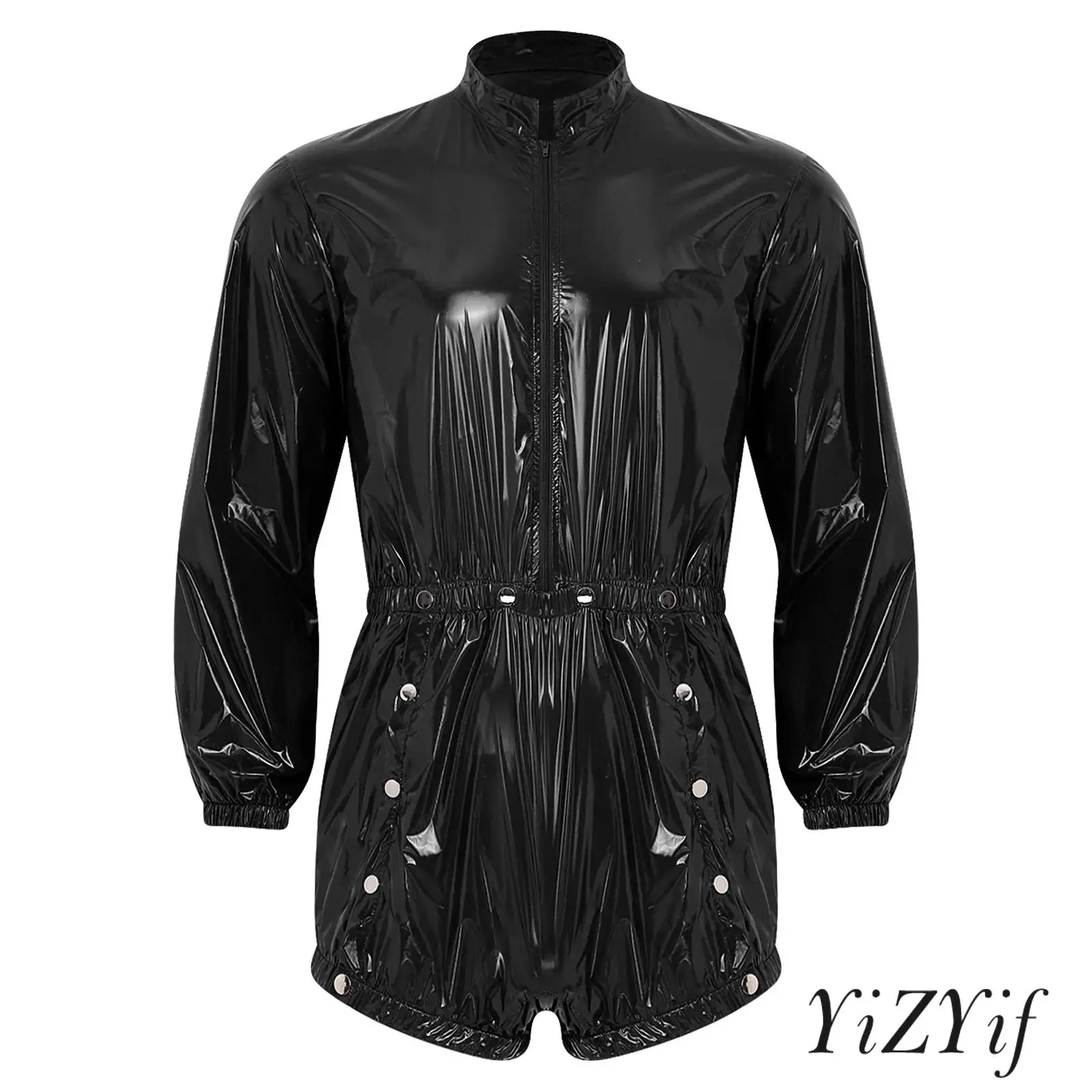 Long Sleeve Water Resistant Jumpsuit for Men Stand Collar Front Zipper Press Button Crotch Diaper Coverall Bodysuit Clubwear