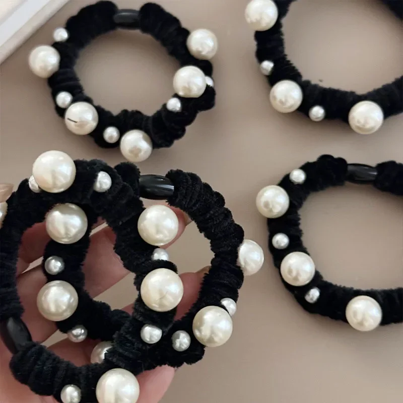 Elegant Imitation Pearl Hair Rope For Women Bead Black Hair Tie Bracelet Elastic Rubber Band Ponytail Hair Accessories Wholesale