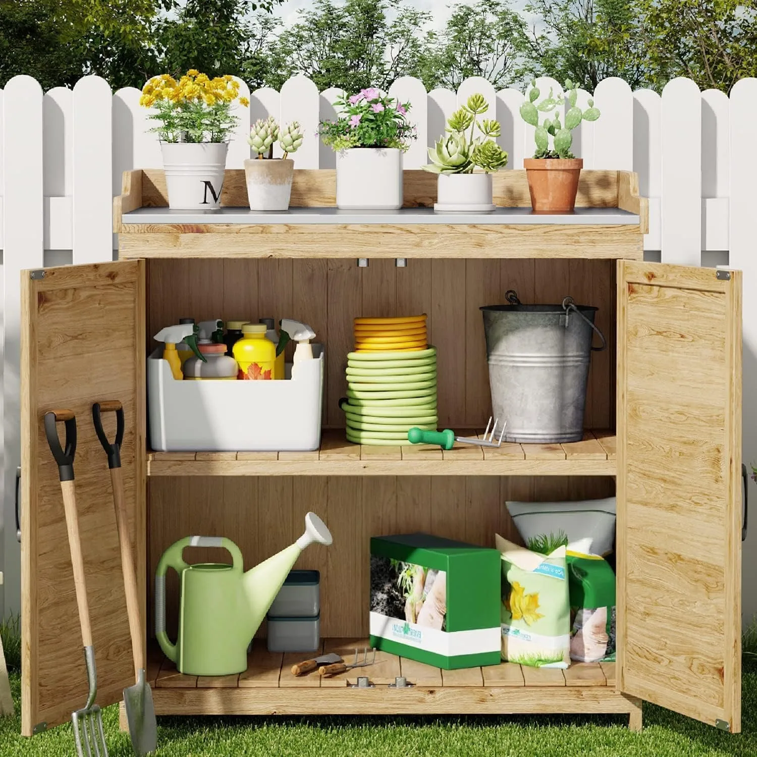 Outdoor Potting Bench with Metal Tabletop, Outdoor Garden Patio Wooden Storage Cabinet with Adjustable Shelf - Natural