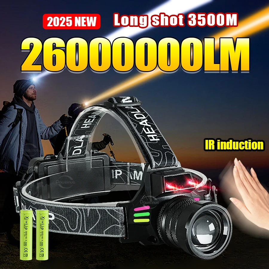26000000LM Most Powerful Headlamp White/Yellow Lights Rechargeable LED Headlights Lighting 3500m Camping Fishing Head Flashlight