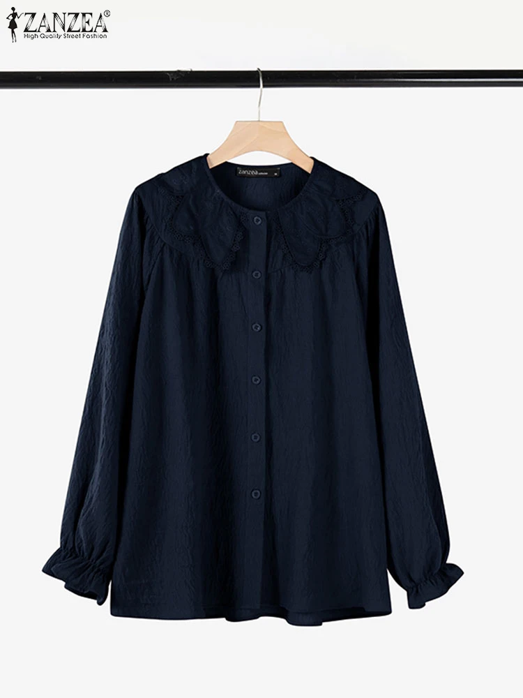 

ZANZEA Vintage Elegant Shirts 2025 Spring Long Sleeve Button Up Casual Chemise Femme Lace Trim Peter-pan Collar Solid Women Tops
