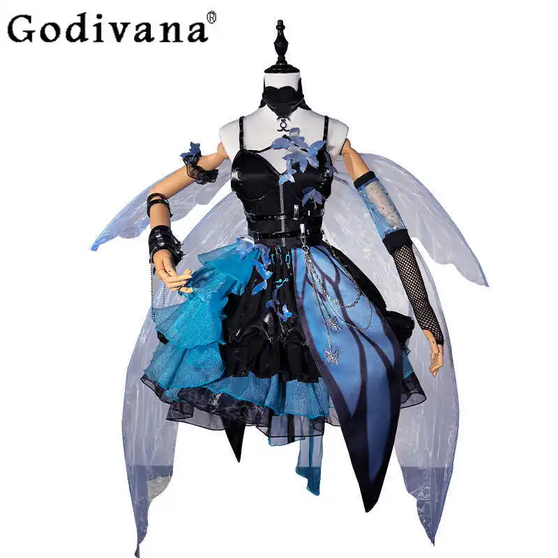 여성 할로윈 Cos 의류 드레스 세트 게임 애니메이션 블루 블랙 코스프레 정장 여성 나비 날개 소품 드레스 의상