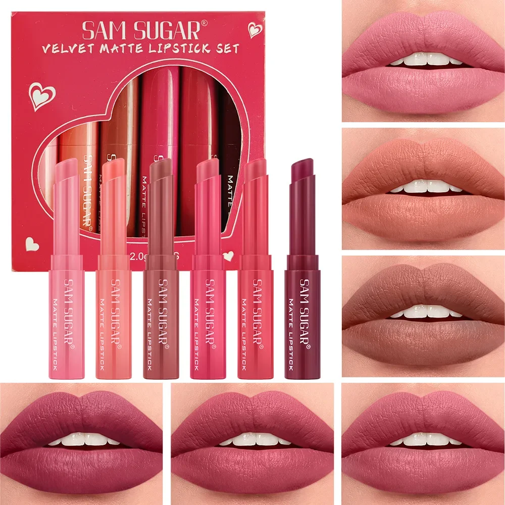 SAM SUGAR Sexiest langlebiges, mattes Lippenstift-Set, wasserfest, schweißfest, nicht klebend, leicht zu färben, feuchtigkeitsspendender Lipgloss