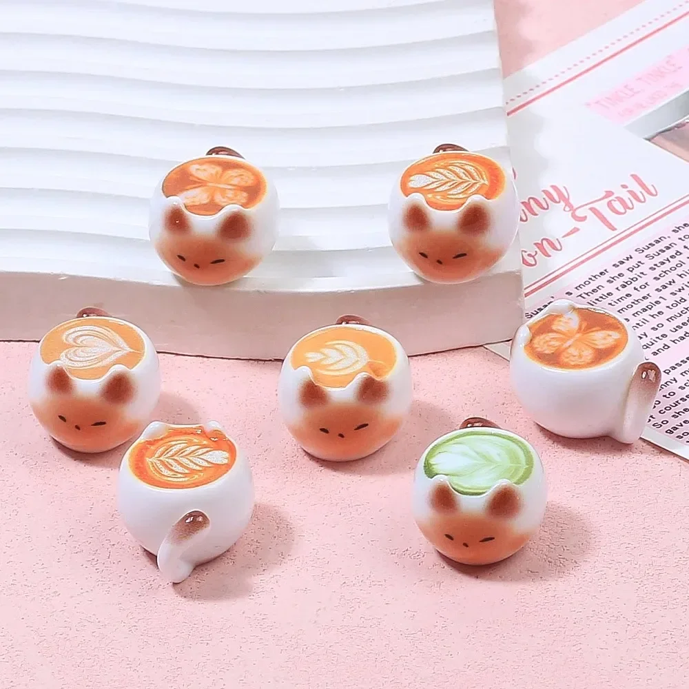 Cute Cat Coffee Design Resin Non Porous Beads 5Pcs, Exquisite DIY Jewelry Charms, Christmas Valentine Gift Decor Accessories