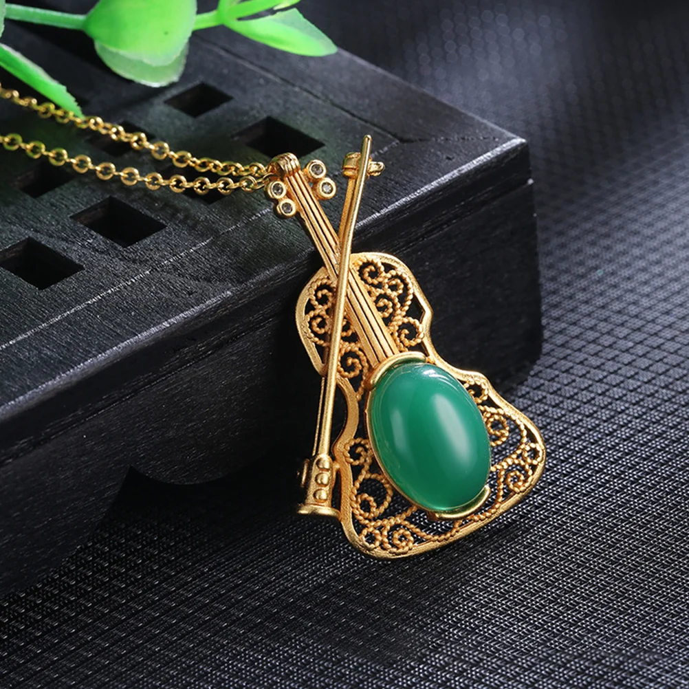 

Green Chalcedony Pendant Necklace Women Violin Stone Jade Retro Guitar Pick Stylish Elegant jade necklaces for women pendant