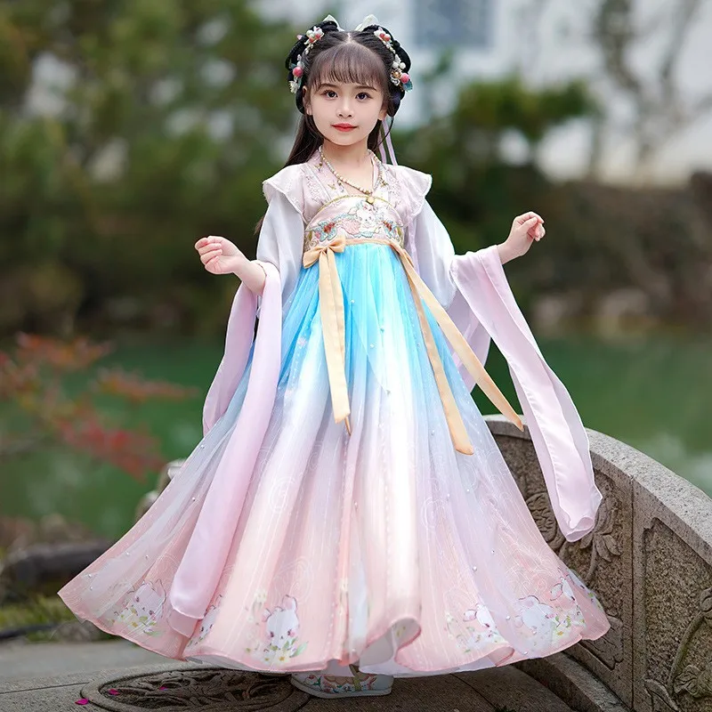 Vintage Chinese Traditional Embroidery Dress Kids Hanfu Lovely Girls Princess Dresses Folk Dance Perform Costumes Cosplay