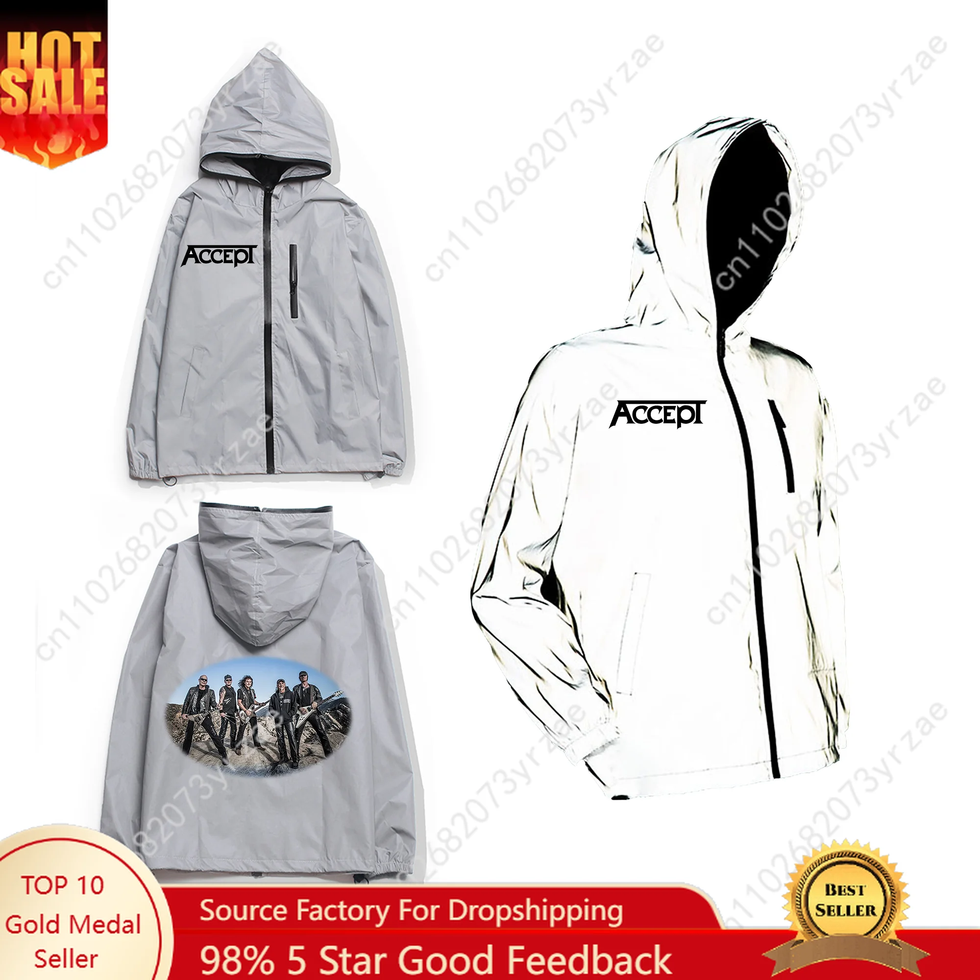 

Accept Band Reflective Jacket Men Women Youth Coat Zipper Hooded Sweatshirt Windbreaker Runing Pocket Cycling Hiking Custom Tops