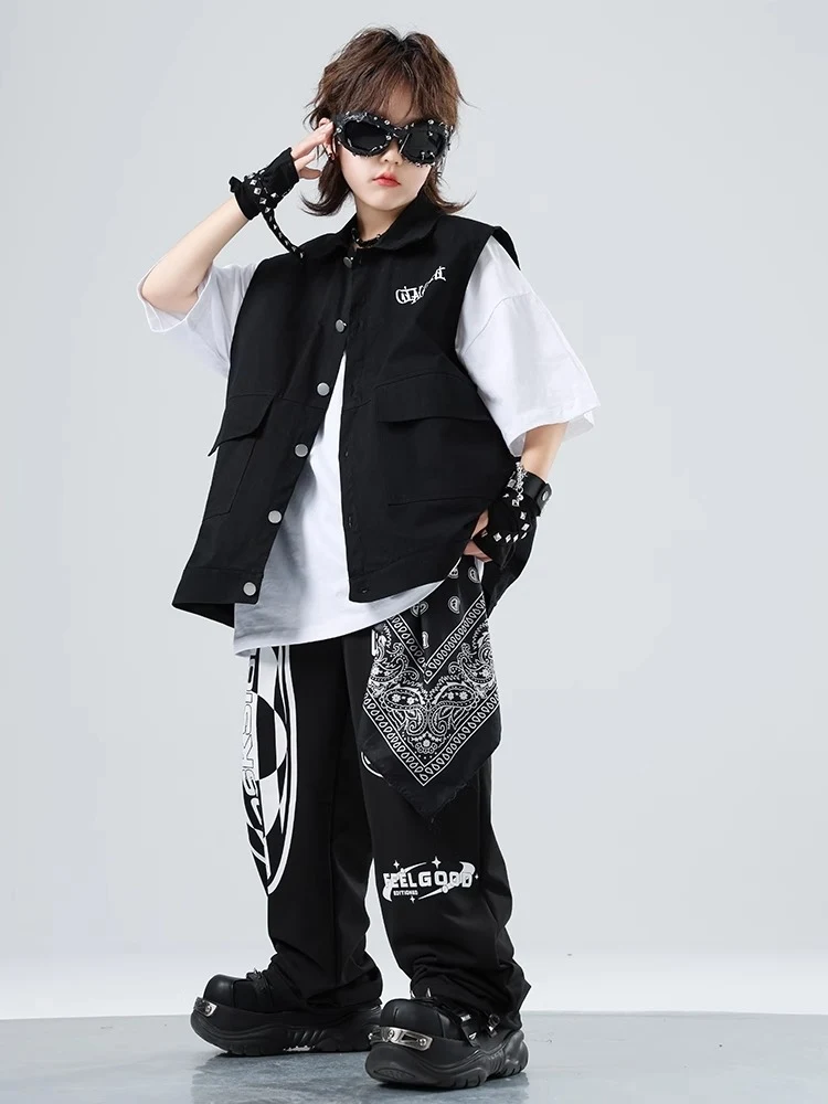 Novos meninos hip hop roupas preto colete calças verão crianças traje de dança rua tambor mostrar roupas meninas jazz palco outfits bl15984
