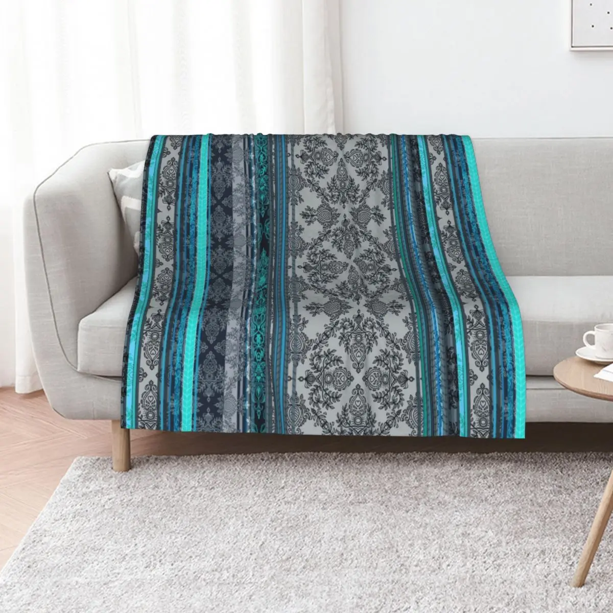 Teal, Aqua & Grey Vintage Bohemian Wallpaper Throw Blanket Flannel Sofa halloween Soft Plaid Retros Thins Blankets