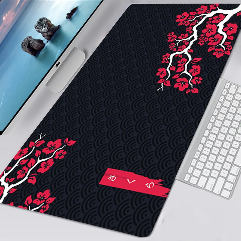 

Cherry Blossom Art Mouse Pad Japan Sakura Card Black Table Mat Big Mousepad Gamer Carpet Gaming Keyboard Mouse Mats Accessories