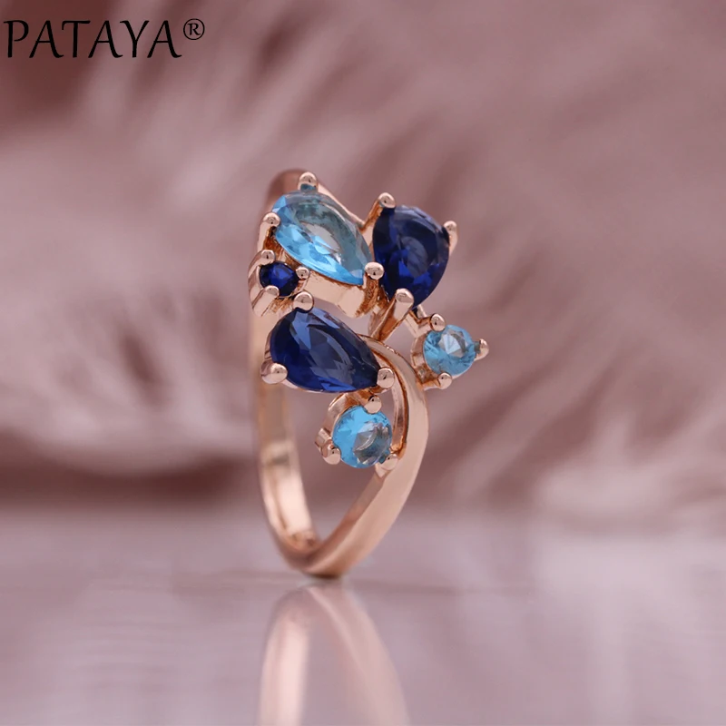 PATAYA Blue Leaf Shaped Micro Zirconia Earrings Ring Fashion Set 585 Rose Gold Color Jewelry Daily Fine Women\'s Set