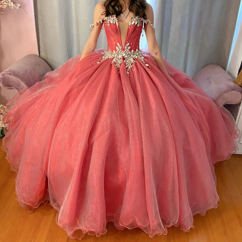 

ANGELSBRIDEP Glittering Crystals Quinceanera Dress Off-Shoulder Ball Gown Vestidos De 15 Anos Formal Birthday Party Prom Dress