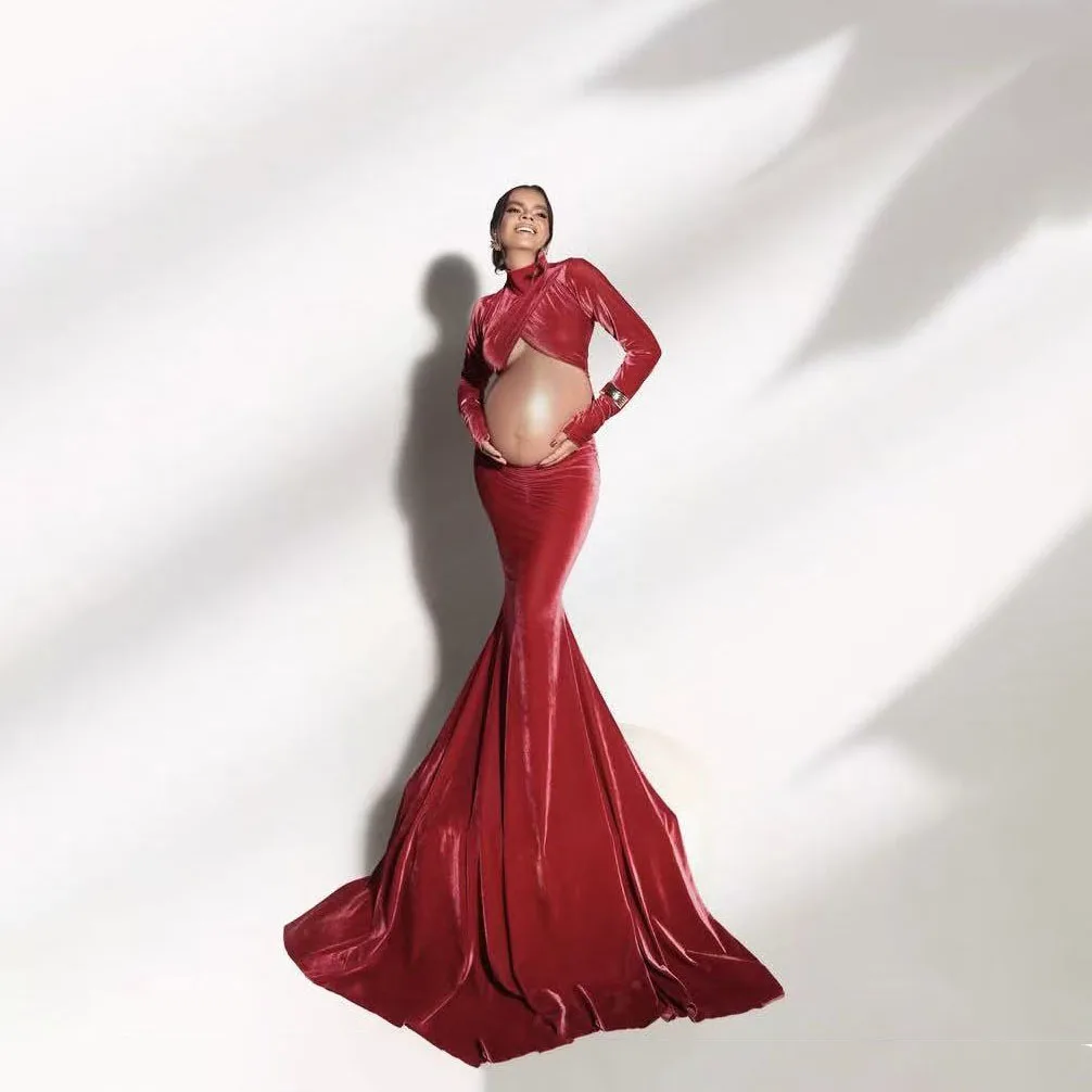 2 Pieces Mermaid Pregnant Dress Sexy Custom Made Dark Red Maternity Dresses Photoshoots Velvet Full Sleeves Maternity Gowns Long