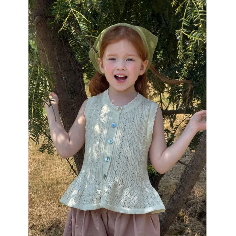 26 Spring Summer Girls Children Kid Clothes Vest Round-neck Short Sleeveless Top Hollow Knit Shirt Cotton 2-12 Years Outfit
