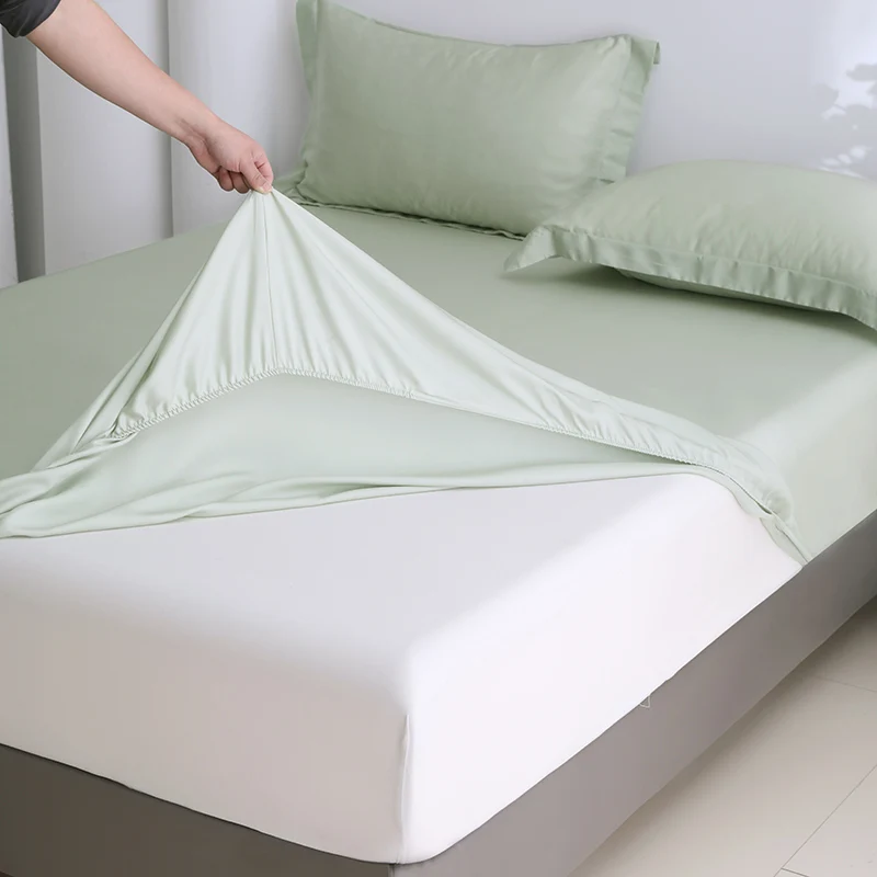 

Green Deep Pocket Fitted Sheet 100% Lyocell Fiber Mattress Cover with Elastic Band Soft Breath Freely Bedding 152*203 Drop Ship
