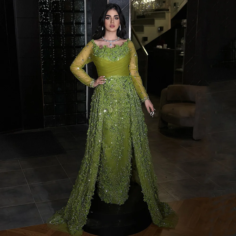 فستان سهرة عربي مع ذيل مخصص رقبة سكوب وأكمام طويلة زهور دانتيل لحفلات الزفاف فساتين حفلة موسيقية سعودية