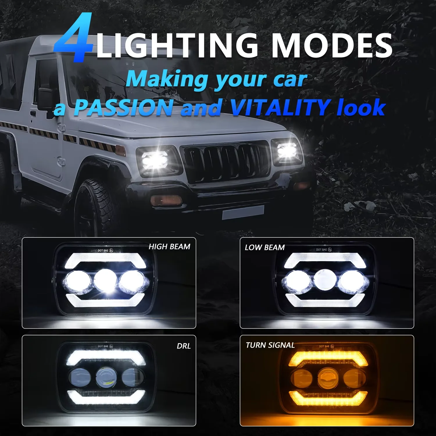 7インチ角型ledヘッドライト-トリプルレンズ-ホワイトイエロー-6500k-12v-ドライビングランプ-ラングラー、バイク、atv、オフロード車用アクセサリー