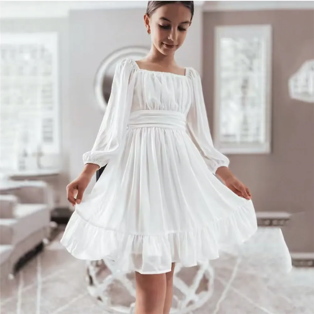 

Elegant White Flower Girl Wedding Dress Backless Tiered Draped Puffy Dress Kids Fairy Birthday Party Dress First Communion Gown