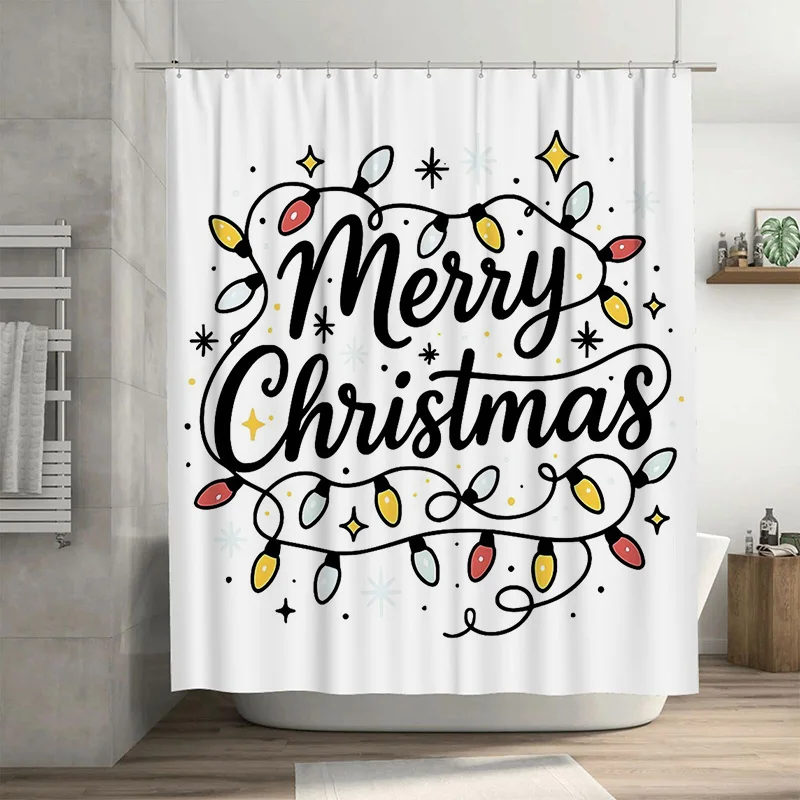 White Christmas Shower Curtain with Colorful Lights, Handwritten Merry Christmas Text and Stars for Modern Holiday Decor
