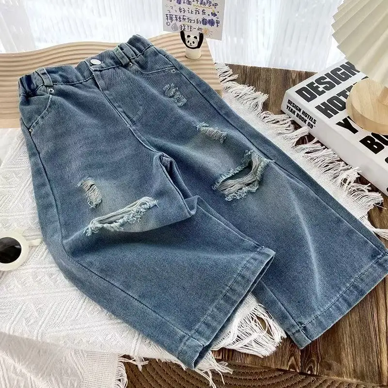 

2026 New Spring and Autumn Girls Ripped Jeans Fashion Children's High Waist Loose Wide Leg Pants Straight Leg Pants