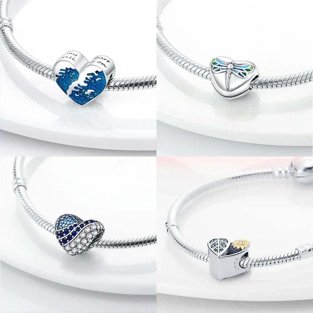 925 Sterling Silver Beads Blue Green Illusion Heart Series Charm Fit Women's Bracelet Necklace Earrings Diy Jewelry Gift