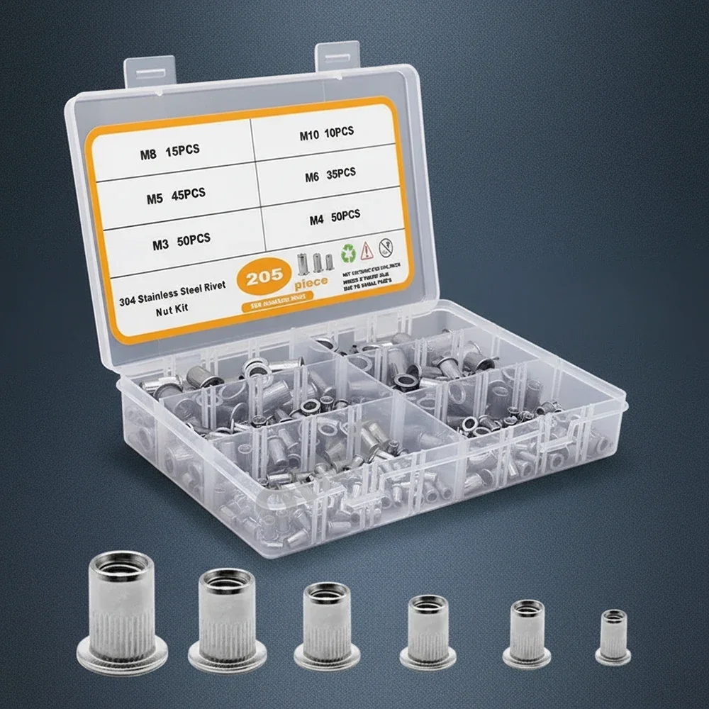 205pcs 304 Stainless Steel Insert Rivet Nut Flat Head Threaded Rivnut Nutsert M3 M4 M5 M6 M8 M10 for Automotive Furniture Repair