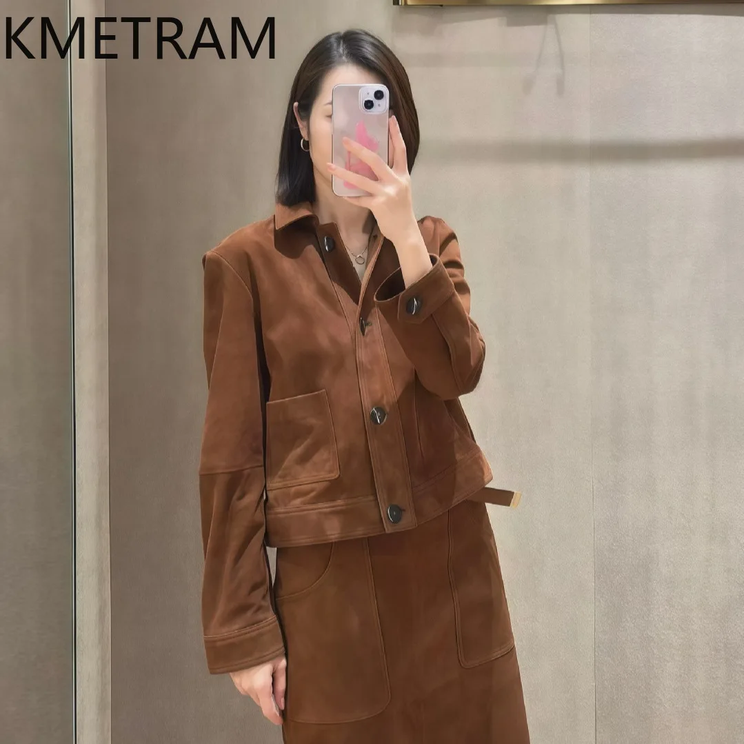 KMETRAM Genuine Sheepskin Leather Jacket Woman Retro Suede Short Coat Casual Autumn Jackets Premium Women Clothing 2026 jaqueta