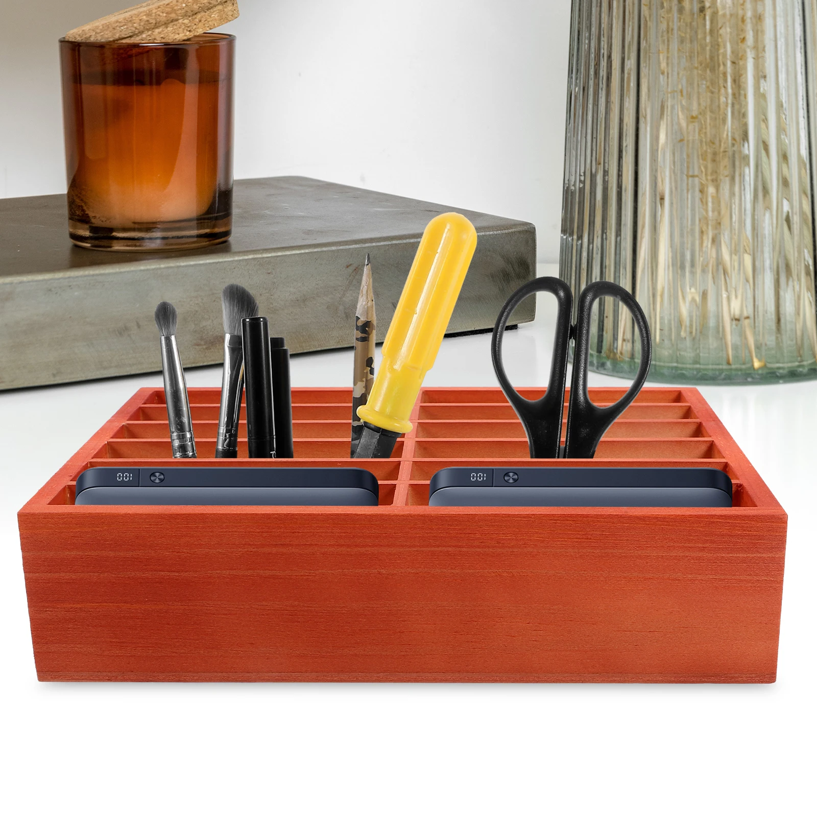 

12-Grid Wooden Phone Storage Box Multi-Grid Mobile Organizer Retro Style Desk Classroom Office Supplies Container