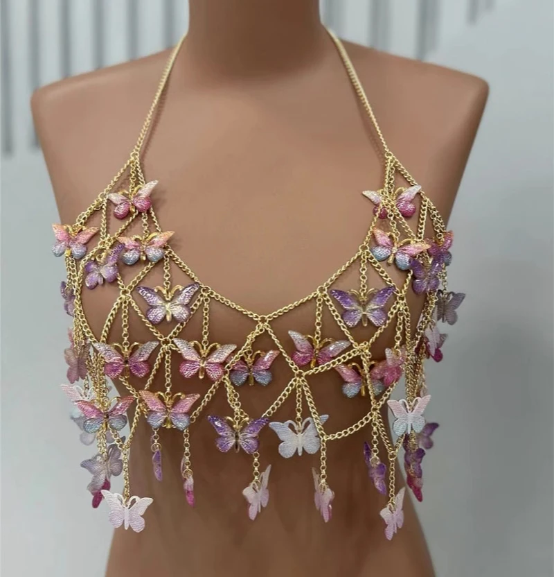 Gilet a catena in metallo con ciondolo a farfalla multicolore per donna Ragazza calda sexy Maglia che dimagrisce Catena sul petto Nicchia Versatile vestito da ragazza calda