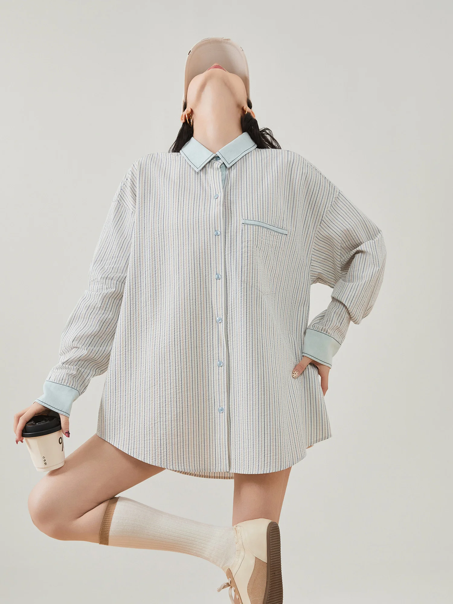 

Blue Denim Striped Loose Fit Women's irt Cleanfit Spring 2026 Commute Sle Long Sve Polyester Blend Warm Top