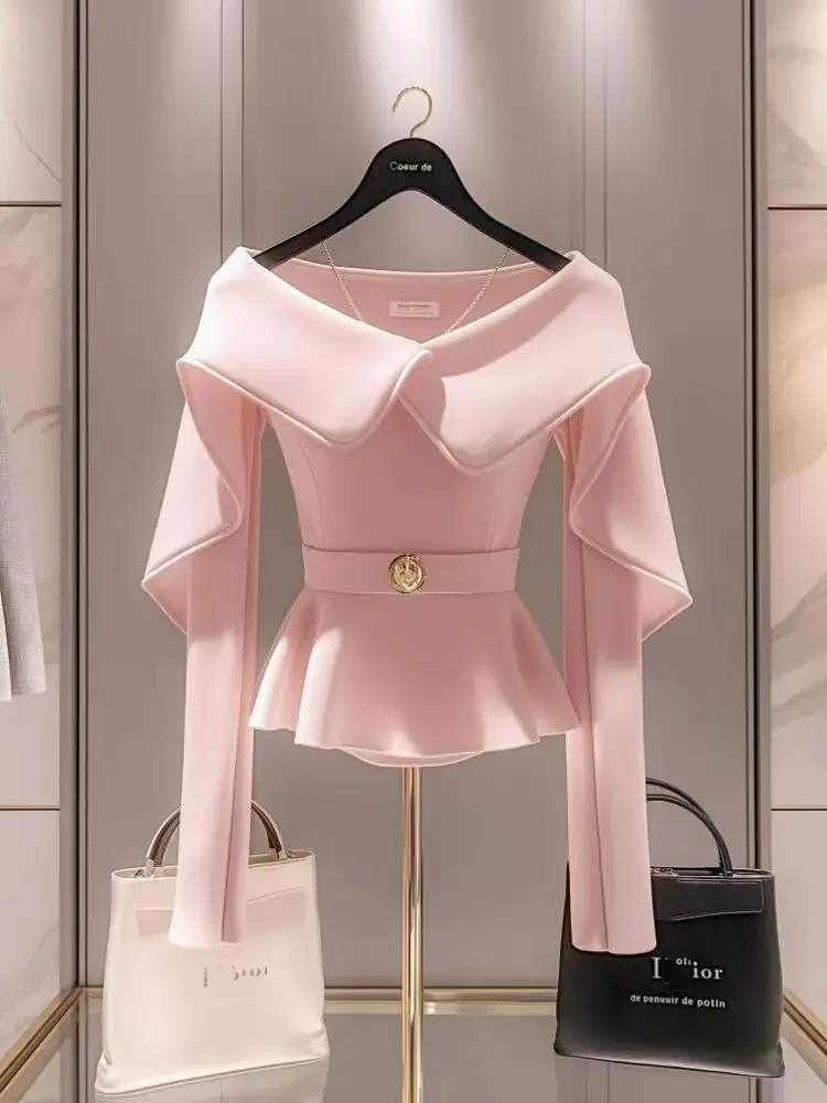 Pink Long Sleeve Ruffles Shirt with High-end Feel Women Shirts Tops Mujer Office Lady Korean Fashion Gentle Elegant Pullover Top